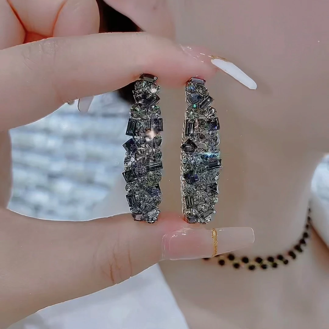 铜合金玻璃耳饰 429-重工时尚满钻超闪轻奢大气枪色韩版气质耳圈