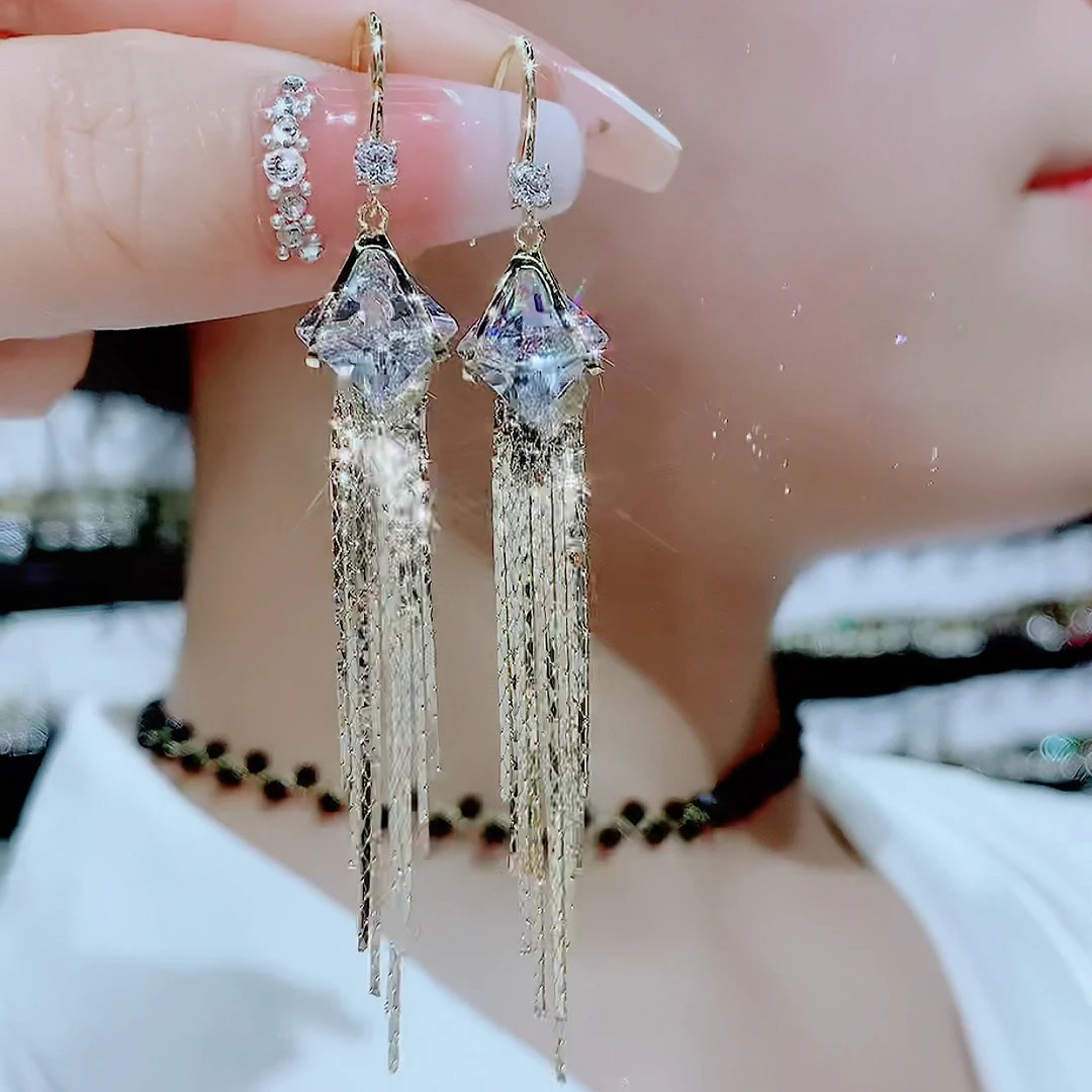 铜合金玻璃耳饰 702-韩系精美时尚优雅气质高贵流苏长款耳环轻奢