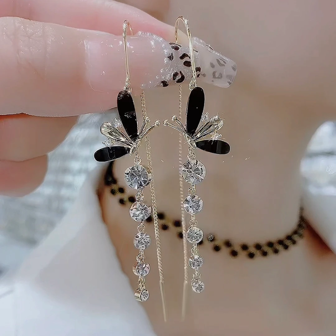 铜合金玻璃耳饰 456-轻奢蝶恋气质防丢耳线优雅黑色时尚精致百搭