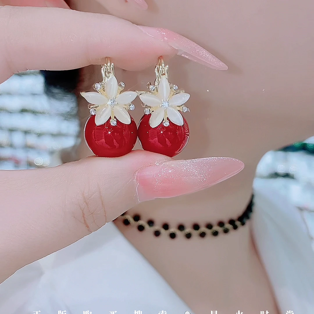 铜合金玻璃耳饰 350-红色洋气显白正反两戴气质个性轻奢甜美耳环