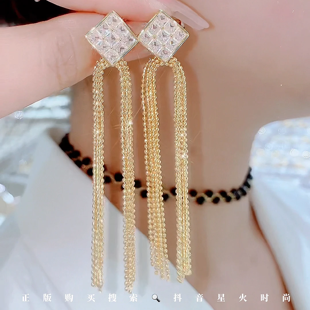 铜合金玻璃耳饰 743-秋冬新品优雅时尚S925银针高级流苏耳环