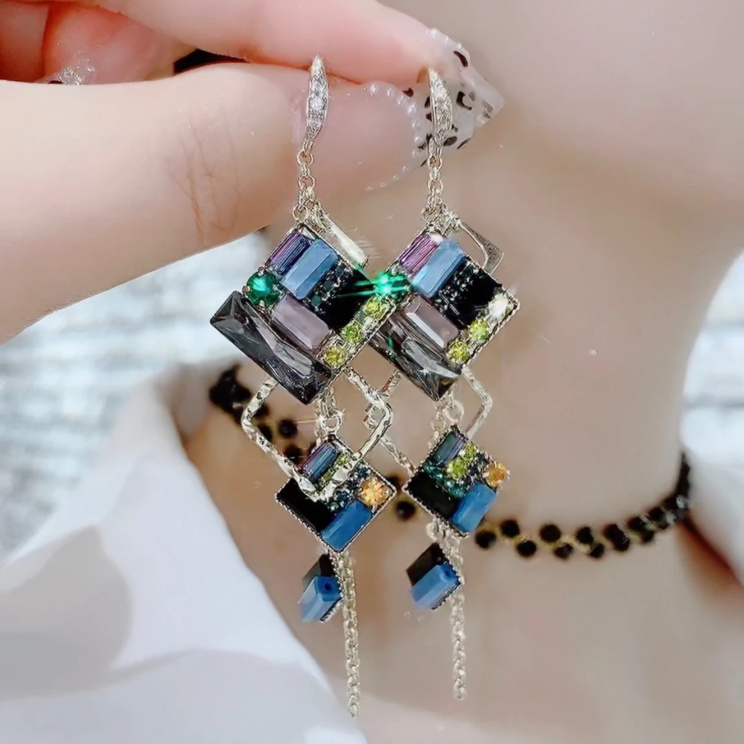 铜合金玻璃耳饰 489-轻古油画风气质个性时尚长款黑色耳环耳饰