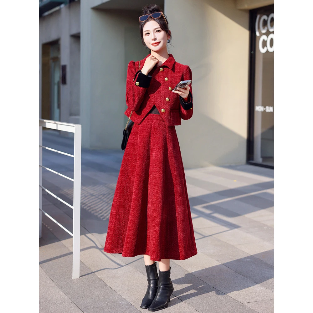 时尚休闲套装秋冬季新款气质高级感小香风外套半裙两件套裙YF9696