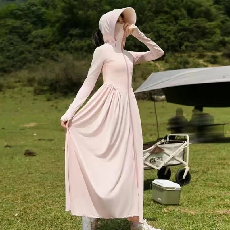 时衣度新款防晒衣女透气防紫外线百褶连衣裙收腰款皮肤衣全身长款