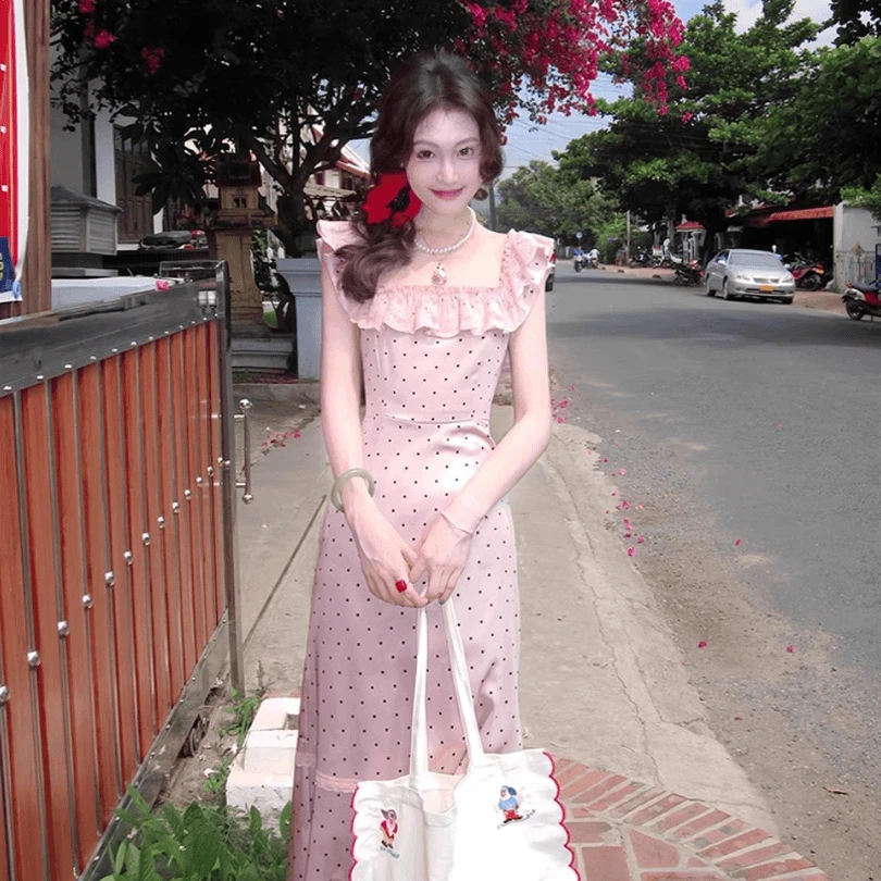 舒芙蕾 法式浪漫蕾丝荷叶边波点连衣裙女夏季高级感气质超仙长裙