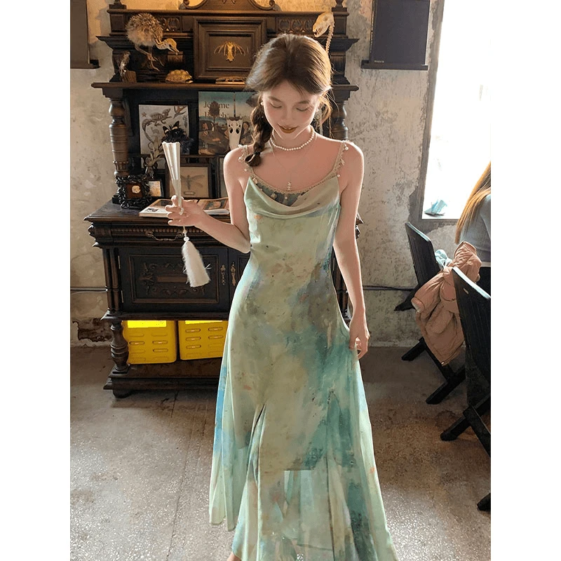 荡领设计渐变色吊带连衣裙女夏温柔风气质超仙拼接鱼尾长裙雪纺裙