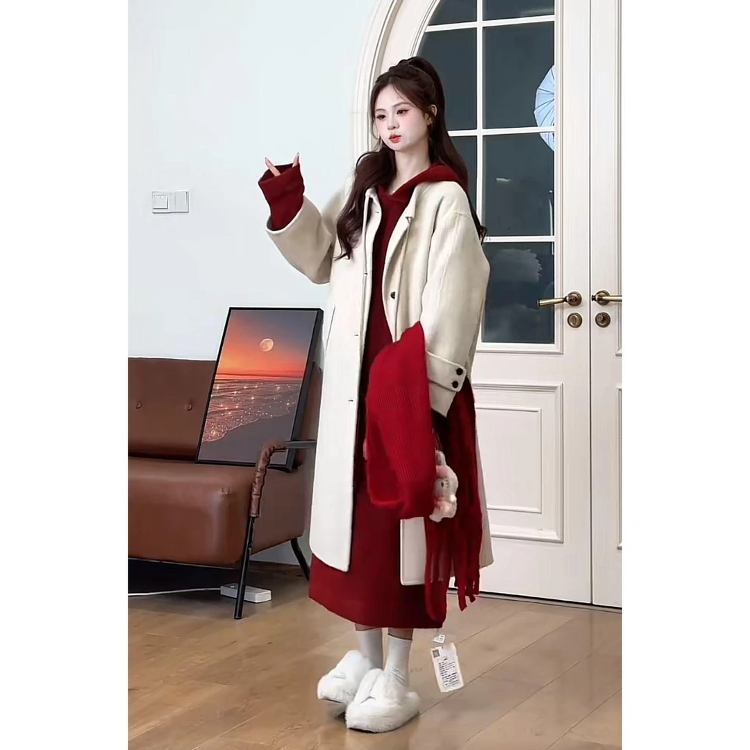 时尚欧美中长款小香风连帽两件套显瘦连衣裙慵懒针织大衣套装女