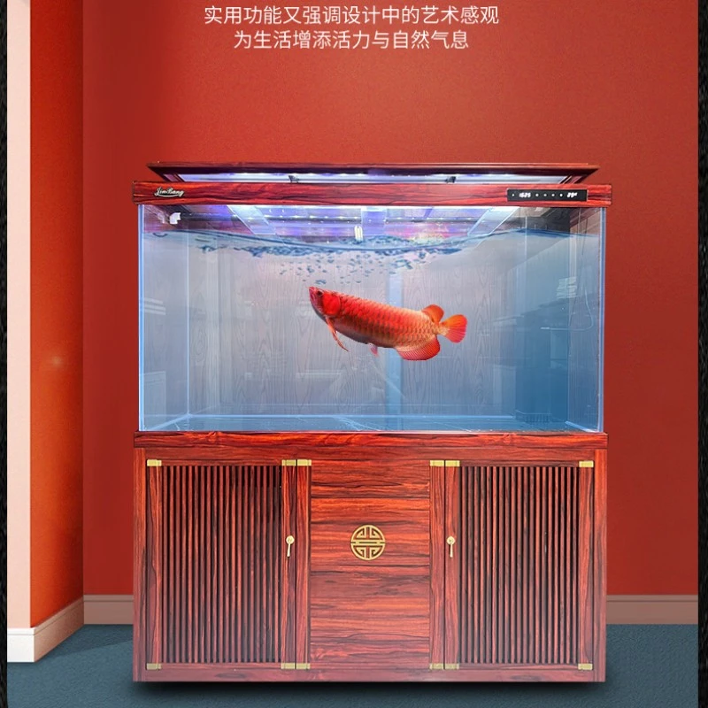 新中式智能显示屏客厅超白玻璃铝合金红木中大型龙水族箱底滤高档
