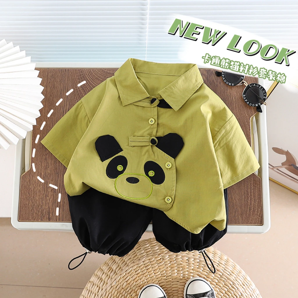 2024男童夏装新款两件套衬衫熊猫卡通中国风潮童短袖衣服童装