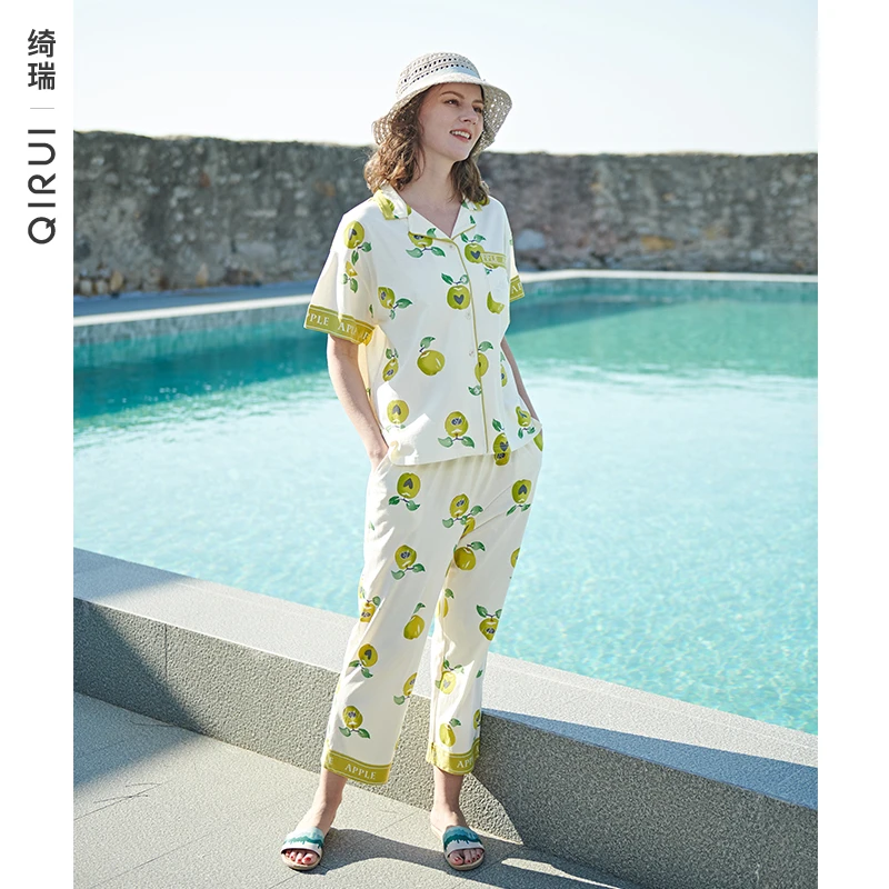 绮瑞直播QQ23332女士夏季纯棉短袖长裤开衫套装轻薄透气舒适睡衣