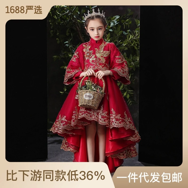 女童中式晚礼服儿童国潮走秀小女孩钢琴演出服洋气主持人公主裙春