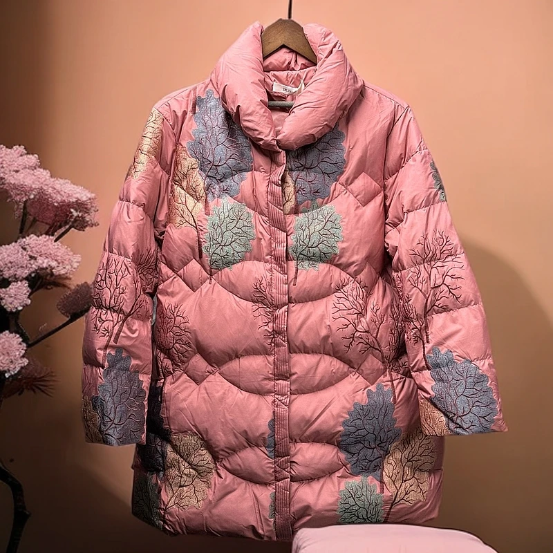 中老年冬装时尚气质刺绣印花羽绒服Q90020冬季提花民族风保暖立领