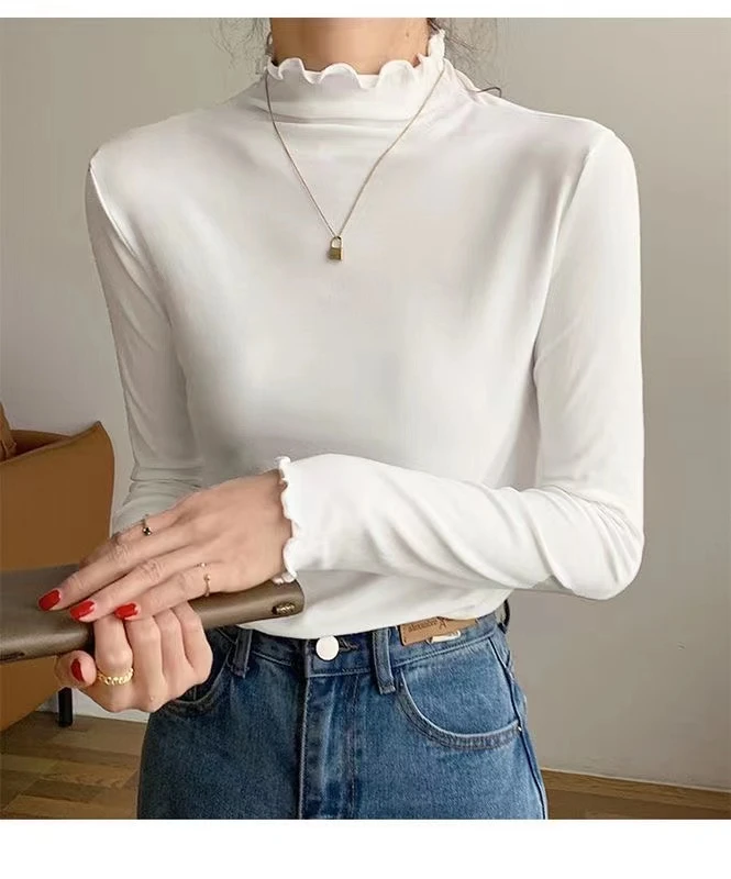 女士打底木耳领长袖春秋洋气莫代尔打底衫修身薄款显瘦显瘦白色
