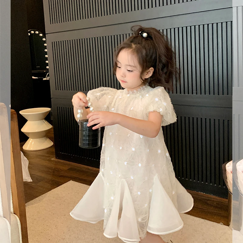 【清仓】女童欧根纱连衣裙夏装儿童荷叶边公主裙重工名媛风裙子
