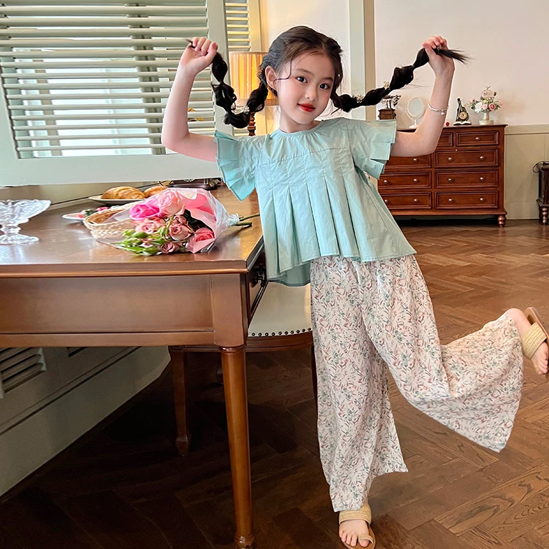 【清仓】童装女童韩版时髦套装夏新款儿童压褶背心阔腿裤两件套