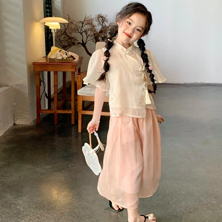 【清仓】女童中国风套装儿童淡雅古风绣花改良汉服唐装两件套
