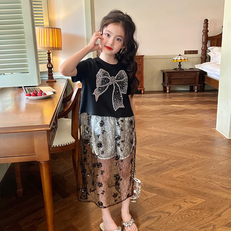 【清仓】童装女童宽松短款短袖T恤夏裤子宝宝拼接亮片蕾丝体恤