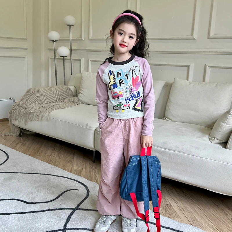 栀了成长记童装女童韩版时尚套装春2025新款儿童插肩袖T恤两件套