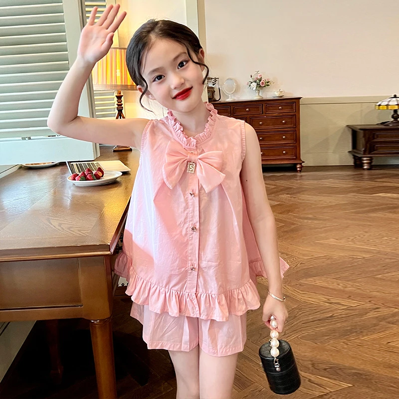 【清仓】童装女童粉色洋气套装夏季新款儿童无袖背心短裤两件套