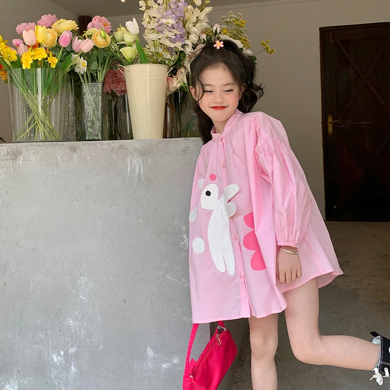 原创女童粉色卡通连衣裙春装新款儿童田园风A字裙女孩衬衫裙洋气