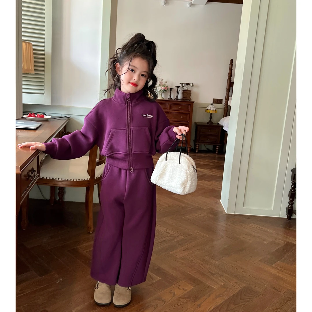 栀了成长记童装女童紫色休闲加绒套装冬季儿童宝宝拉链衫两件套