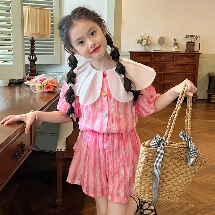 栀了成长记童装女童粉色甜美花瓣领森系套装夏装时髦洋气两件套