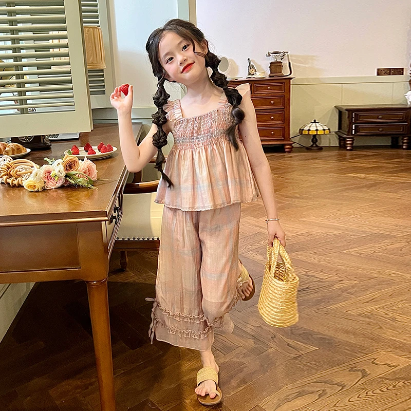 栀了成长记童装女童森系套装洋气夏季薄款儿童女孩小飞袖背心上衣