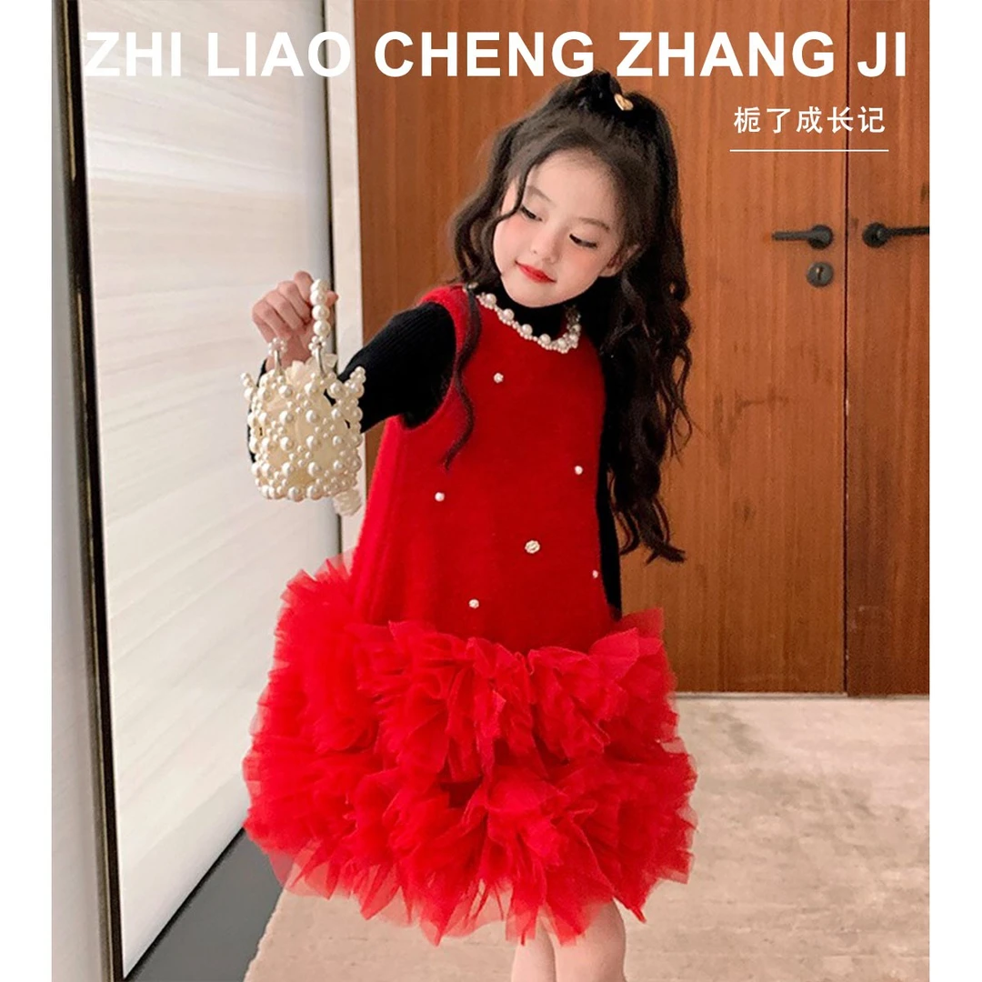 原创女童小香风加绒背心裙春装儿童小女孩红色新年连衣裙tutu裙子