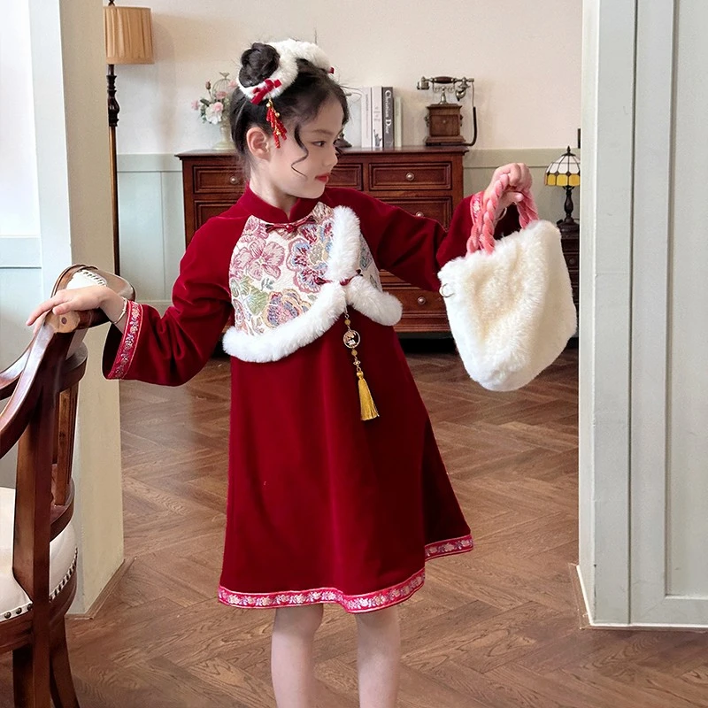 栀了成长记童装女童旗袍裙新中式红色连衣裙儿童拼接宝宝新年衣服