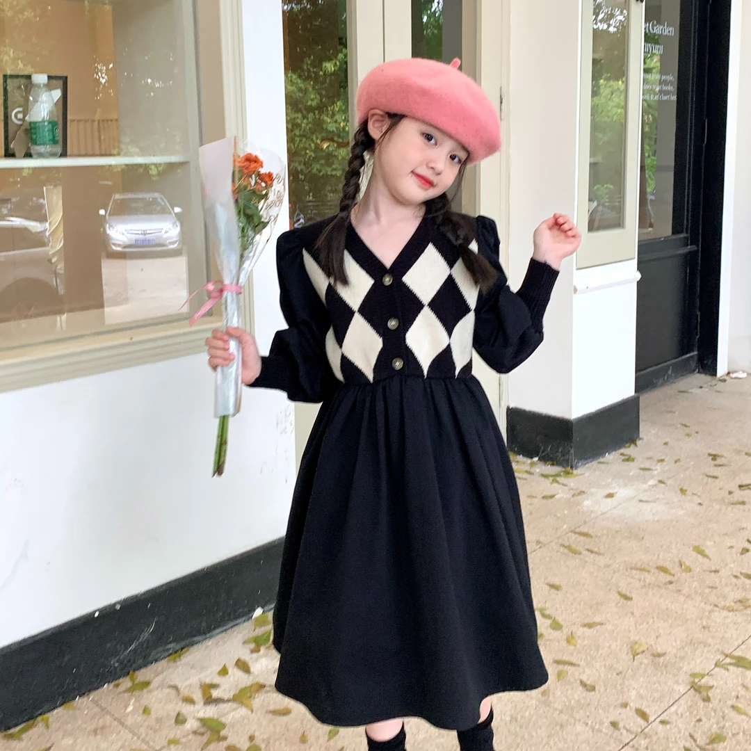 原创童装女童拼接毛衣裙春秋新款儿童菱形针织连衣裙宝宝A字裙子