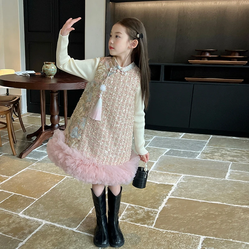 【现货】栀了成长记童装女童中国风亮片夹棉旗袍裙宝宝背心裙连衣裙