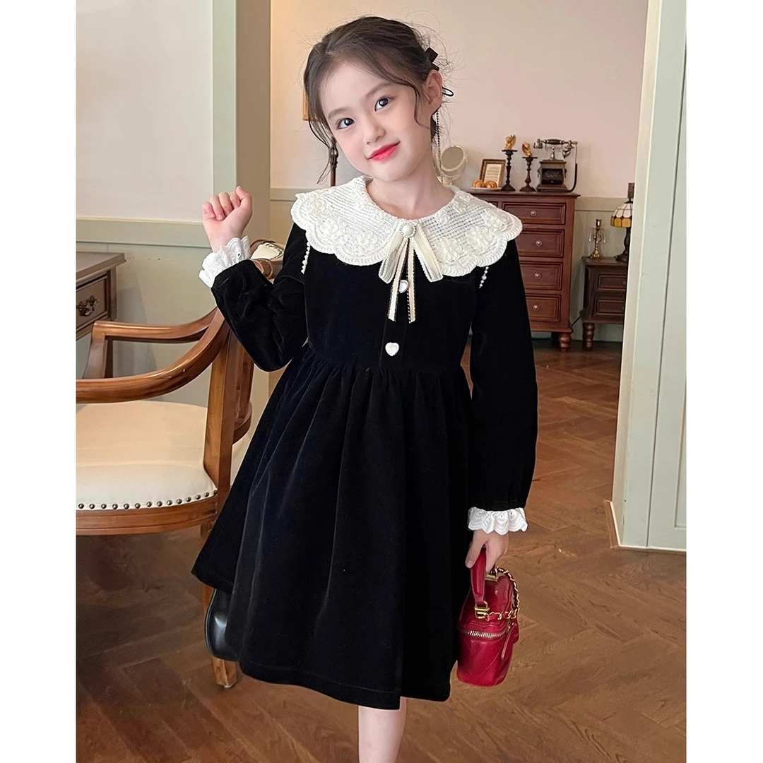 栀了成长记童装女童小香风加绒连衣裙秋冬儿童小女孩娃娃领裙子