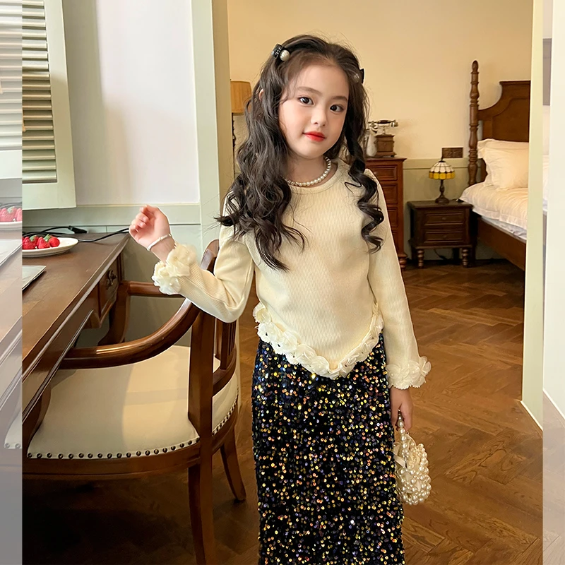 栀了成长记童装女童时尚仿羊绒黑色上衣冬儿童宝宝立体花片打底衫