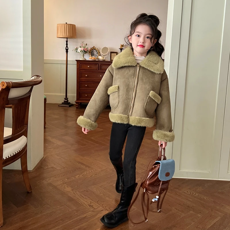栀了成长记童装绒女童皮毛一体外套秋冬款儿童加厚仿兔毛大衣