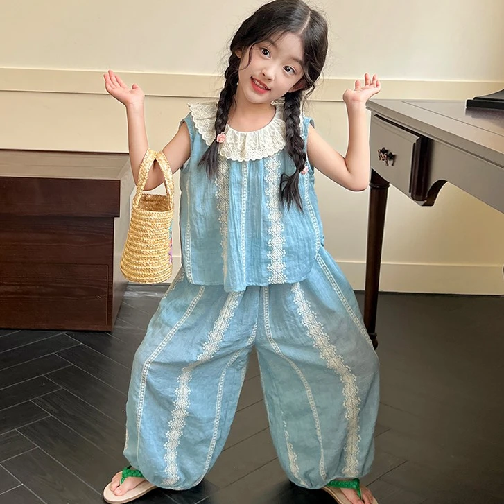 栀了成长记童装女童小清新森系洋气套装夏装新款儿童女娃娃领上衣