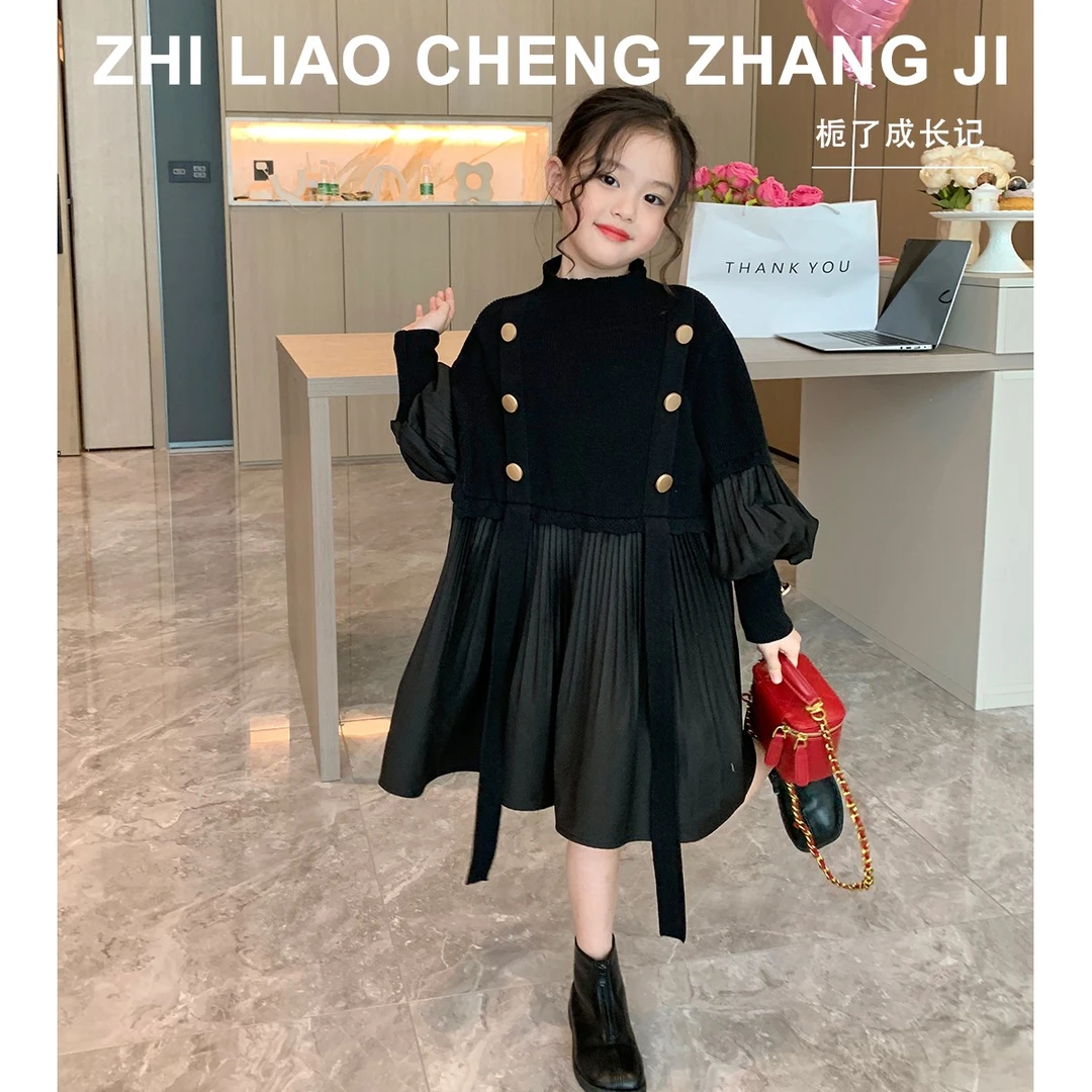 原创童装女童名媛风连衣裙春装2023新款设计感针织裙子儿童百褶裙