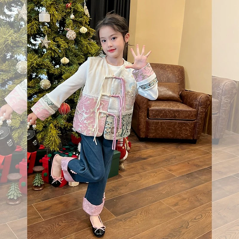 栀了成长记童装女童中国风套装秋冬儿童宝宝加绒新中式马甲打底衫