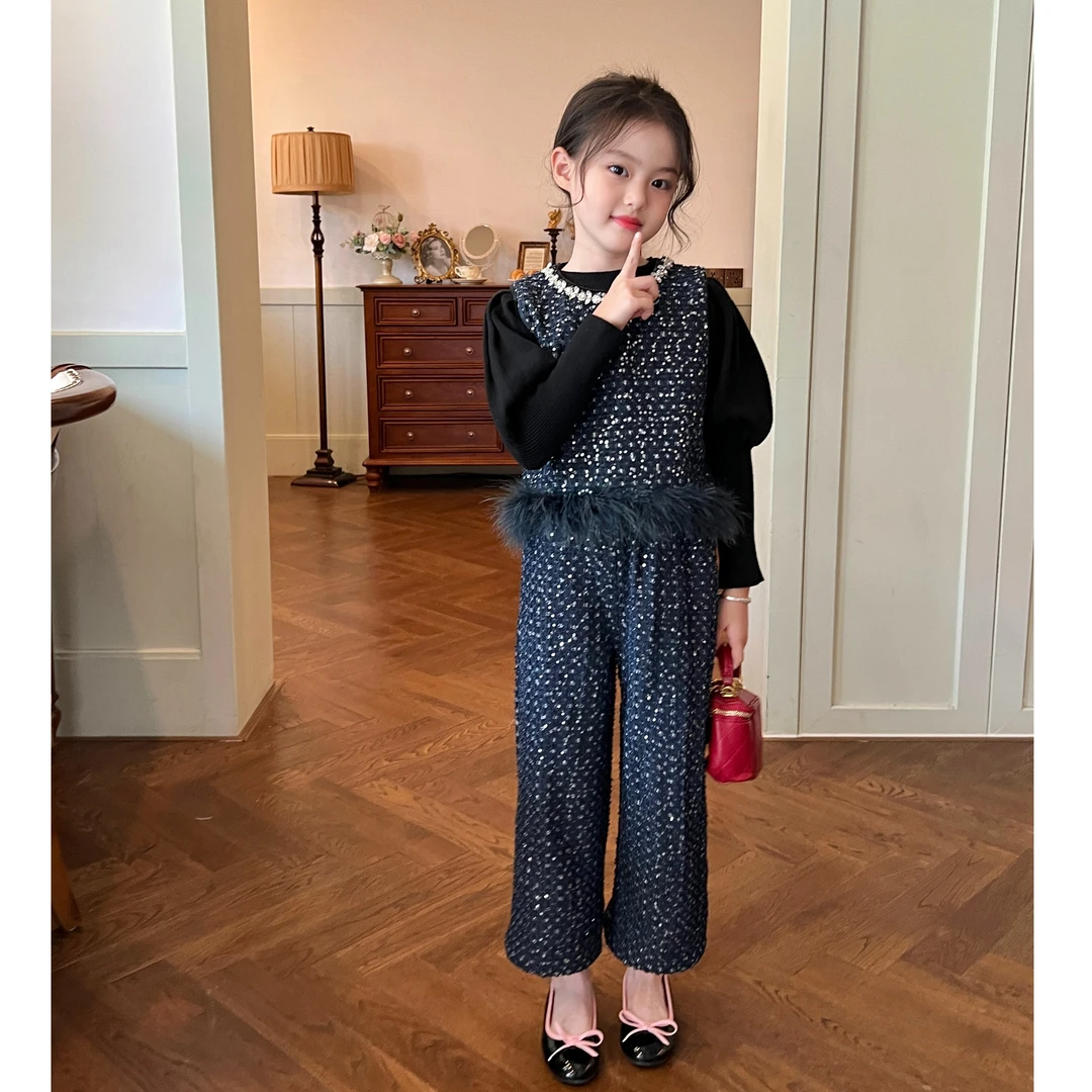 栀了成长记童装女童小香风加绒亮片牛仔套装秋冬儿童背心裤子套装