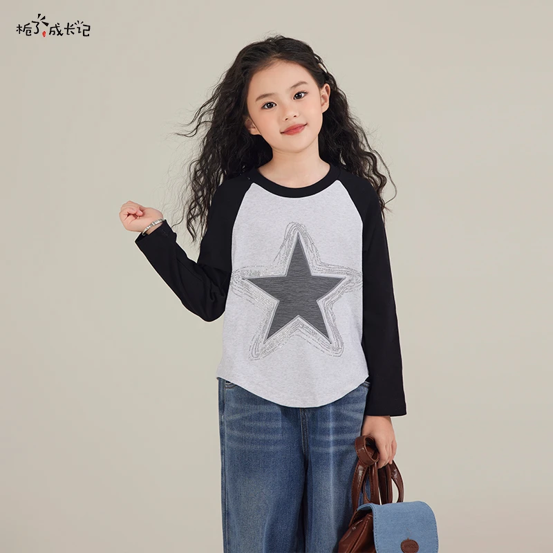 栀了成长记童装女童设计感烫钻五角星时髦T恤秋装新款儿童体恤潮