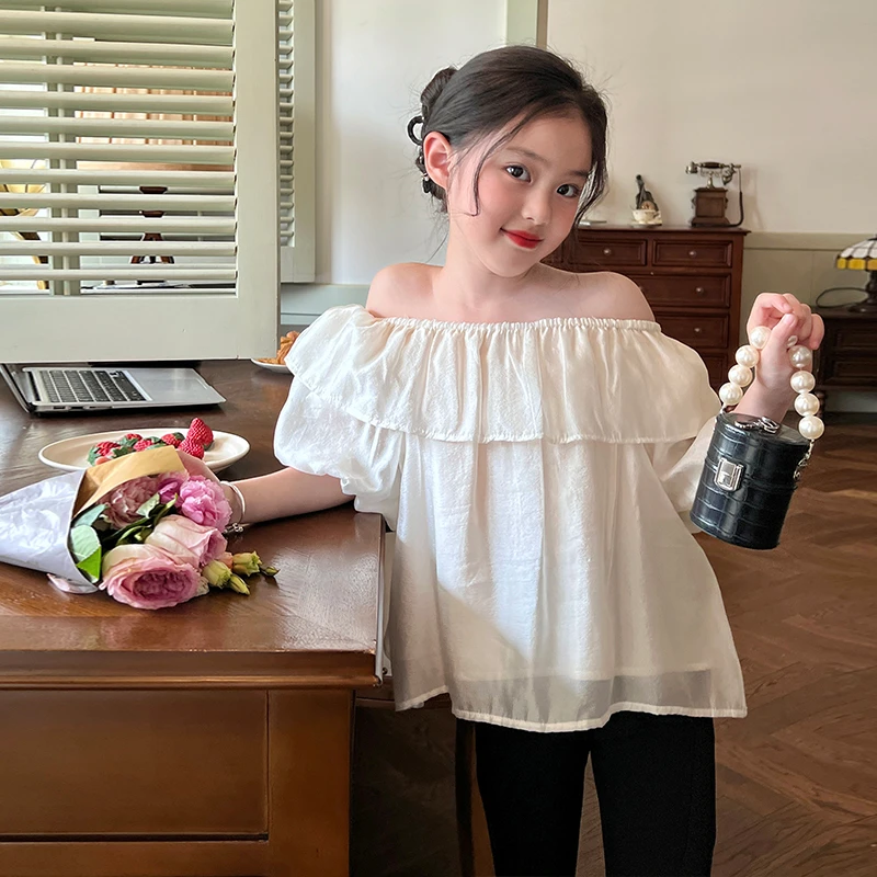 【清仓】童装女童一字肩娃娃衫夏季新款裤子时髦花苞袖白色衬衫