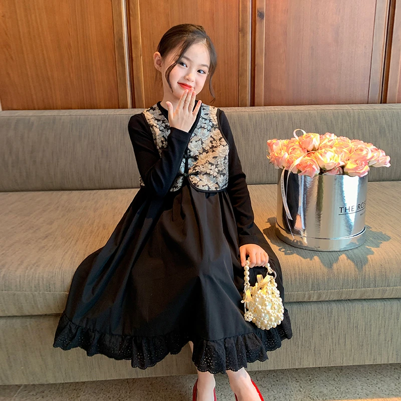 栀了成长记童装女童复古连衣裙秋装2023新款儿童女宝提花马甲裙子
