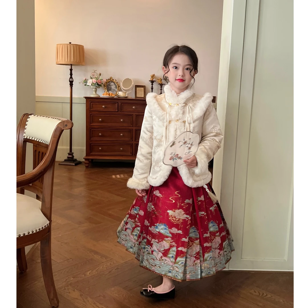 栀了成长记童装女童中国风唐装套装秋冬儿童新中式夹棉外套马面裙