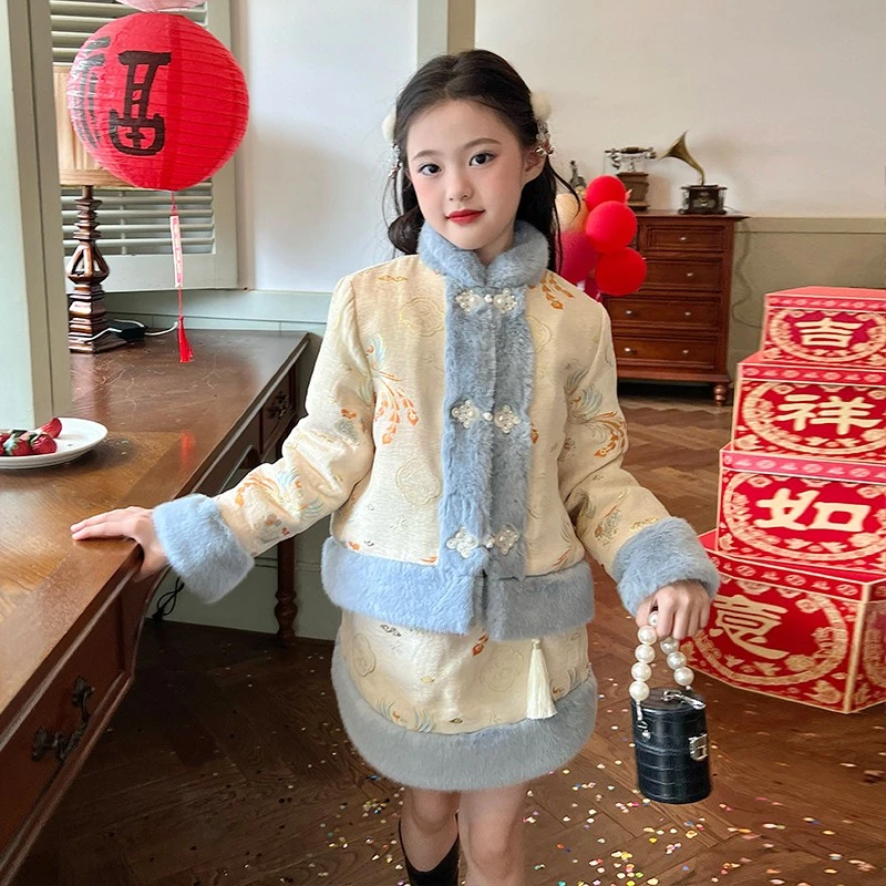 栀了成长记童装女童夹棉中国风套装冬儿童洋气宝宝新年衣服拜年服