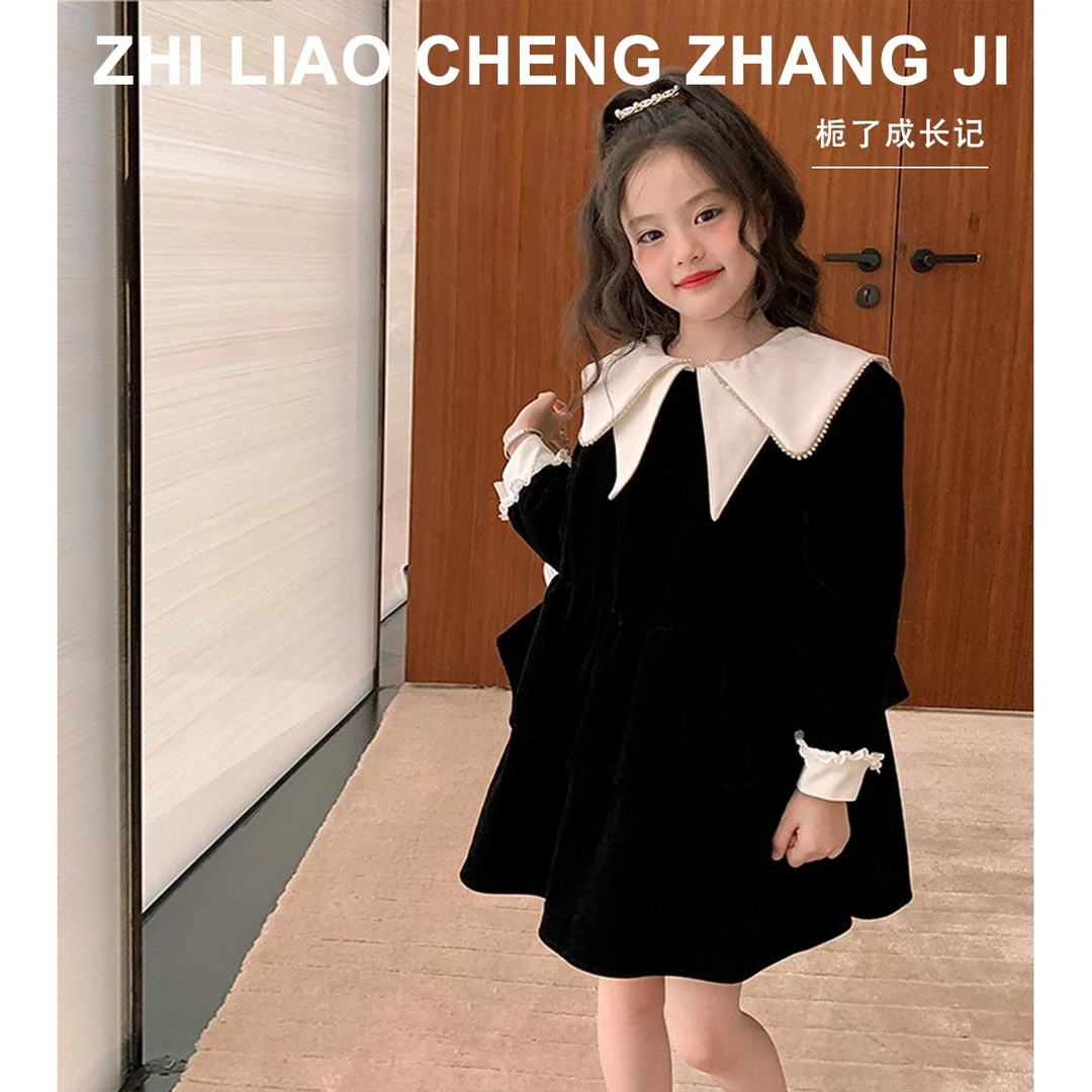 栀了成长记原创女童名媛风加绒连衣裙冬季新款儿童彼得潘领裙子