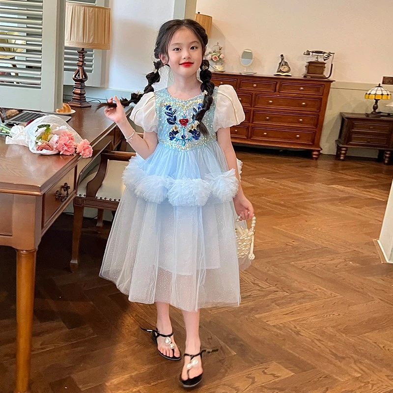 【清仓】童装女童蓝色泡泡袖公主裙夏装儿童宝宝网纱亮片连衣裙