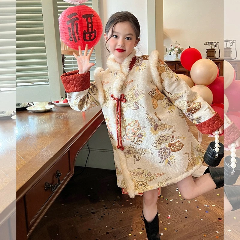 【现货】栀了成长记童装女童儿童宝宝加绒加厚中国风冬季拜年连衣裙