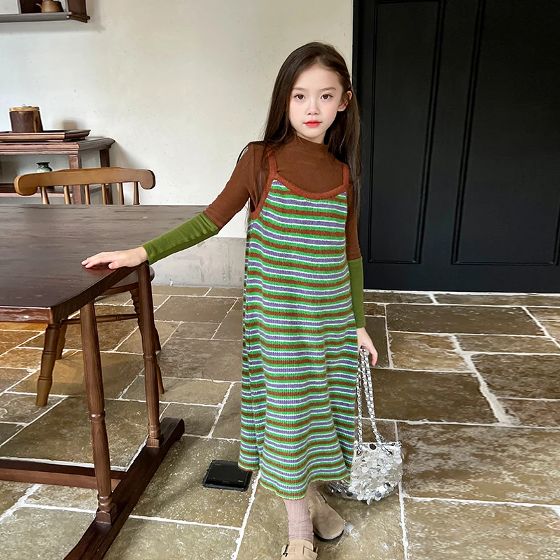 栀了成长记童装女童条打底衫裙子纹针织连衣裙时髦吊带裙儿童