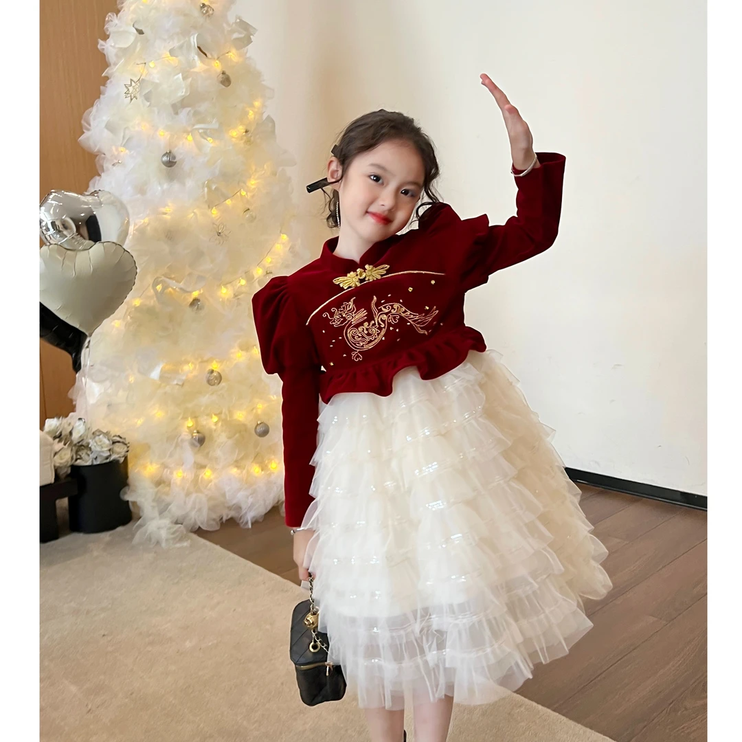 栀了成长记女童中国风红色新年加绒连衣裙冬儿童宝宝公主裙蛋糕裙