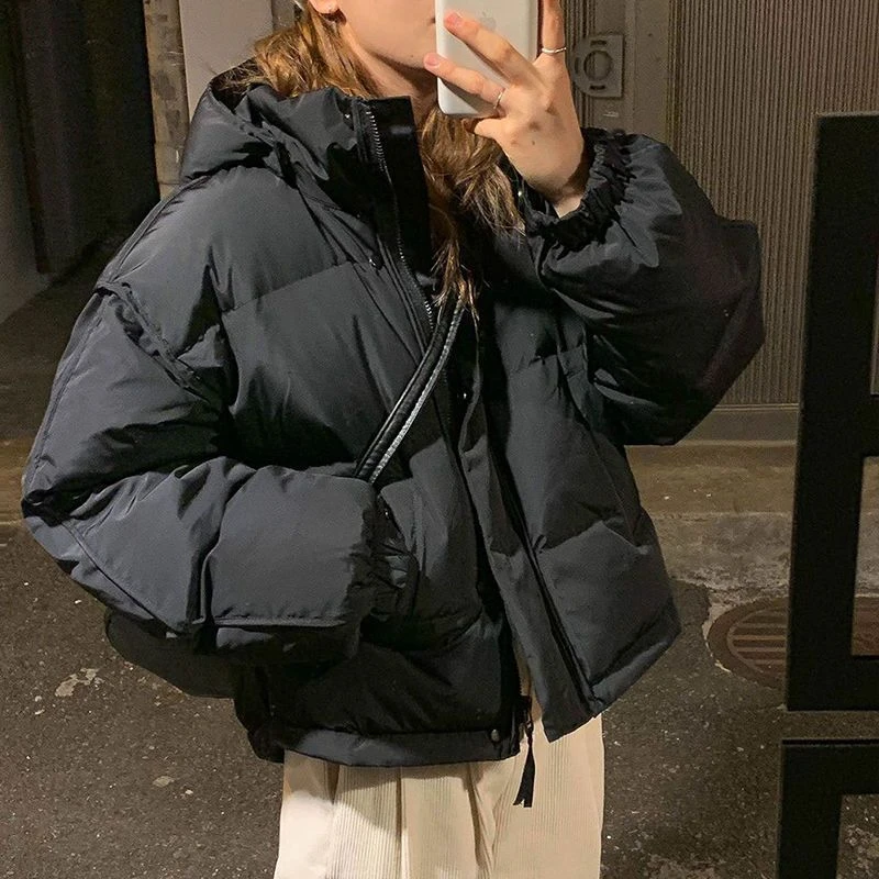 波司豋黑色连帽羽绒服服女2022冬季新款设计感小众短款小个子棉衣