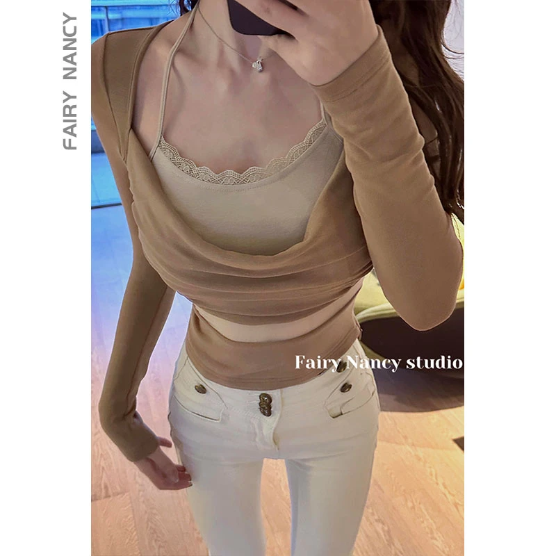 【现现48小时发】【我本莫测】假两件长袖打底上衣秋冬辣妹打底百搭